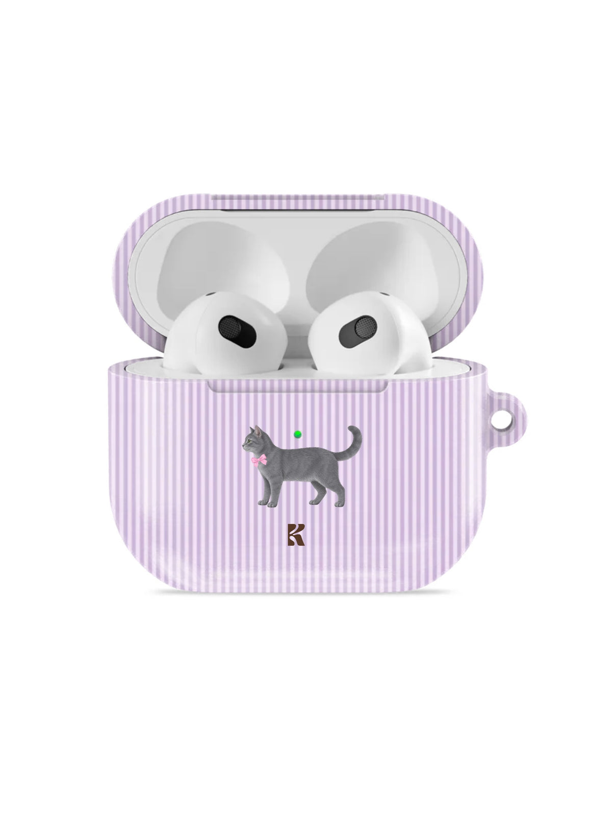 Funda Kitty Love para AirPods, gato gris con lazo rosa sobre rayas lila